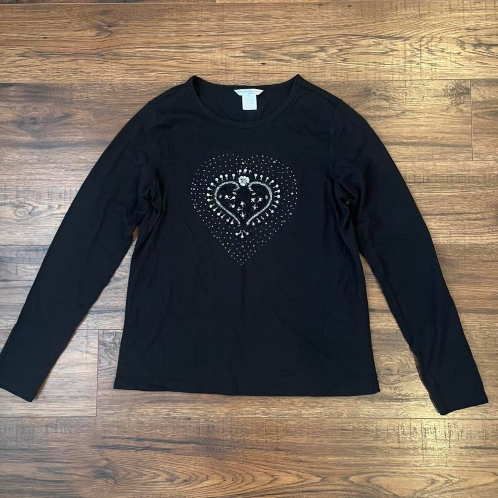 Parasuco Y2K 2000s Heart Rhinestone Beaded Top L Black Long Sleeve‎ Graphic Tee